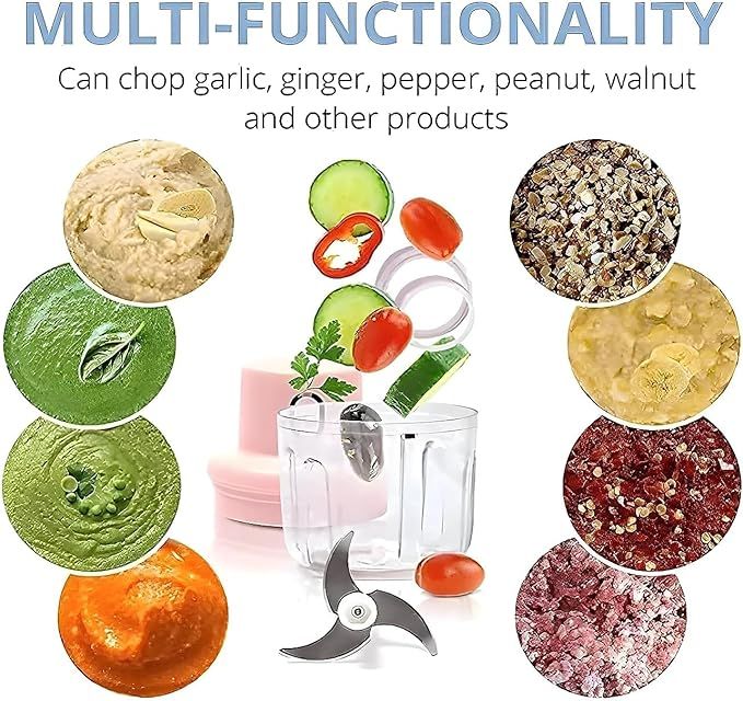 Multifunctional kitchen tool with various food processing results and ingredients.