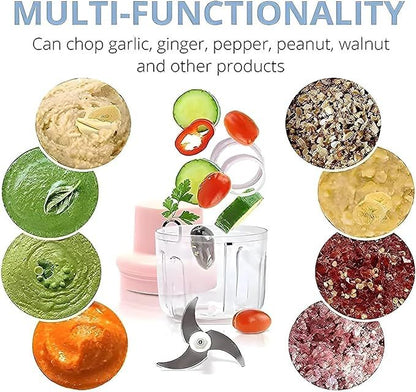 Multifunctional kitchen tool with various food processing results and ingredients.