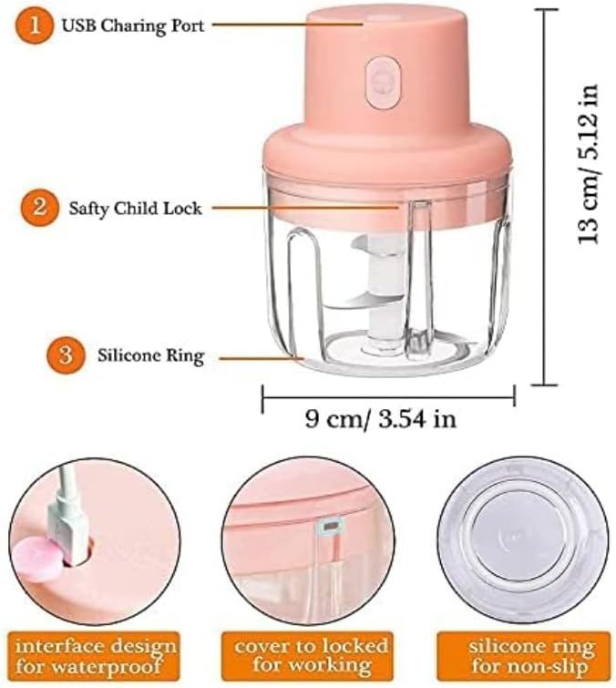 Pink handheld chopper with labeled features and dimensions